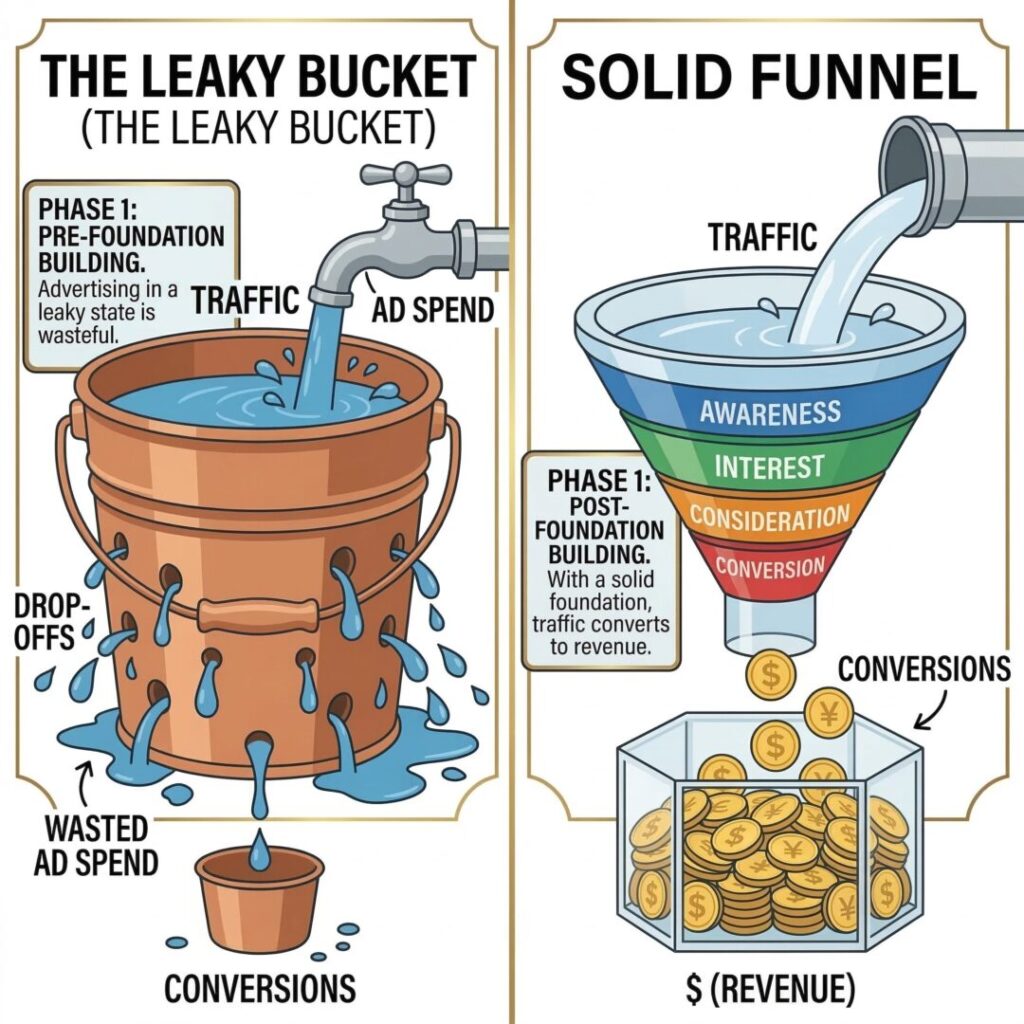 leaky bucket and solid funnel