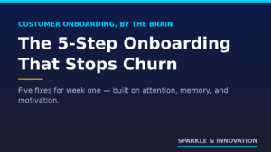 Navy and cyan hero graphic titled The 5-Step Onboarding That Stops Churn, introducing a customer onboarding process built on attention, memory, and motivation