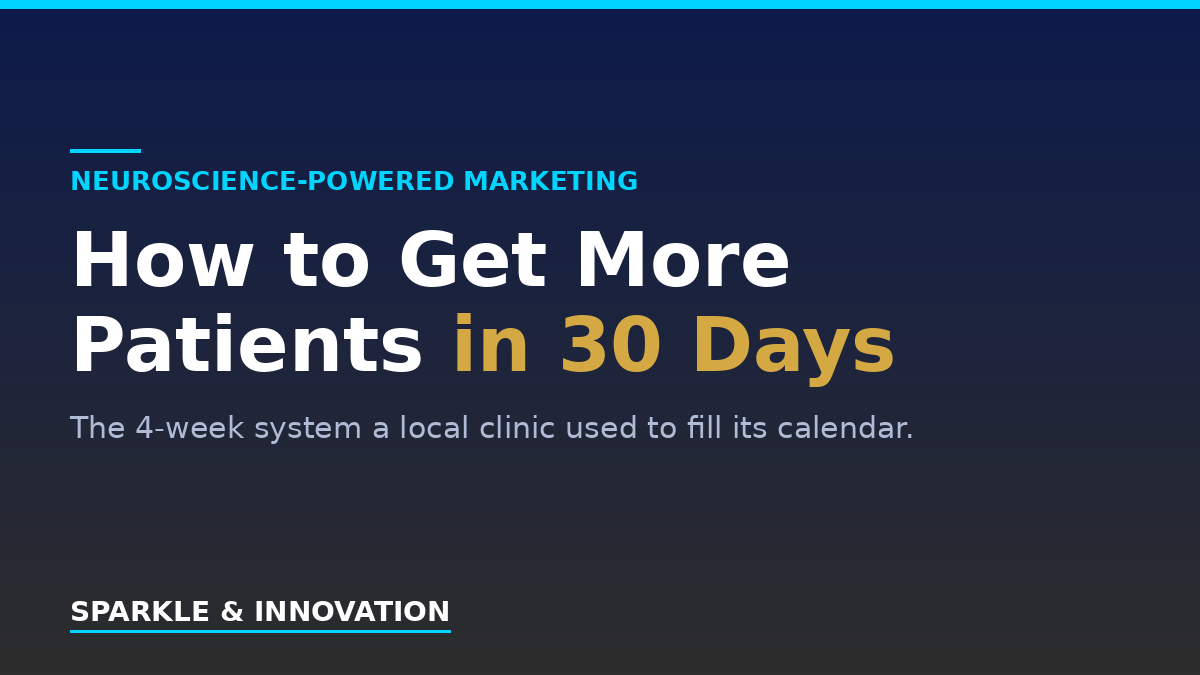How to Get More Patients in 30 Days — Sparkle and Innovation hero graphic for the four-week local clinic marketing system.
