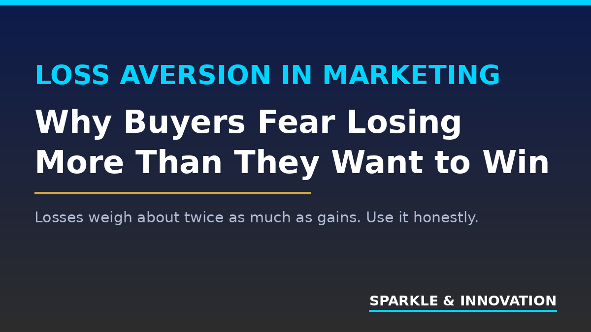 Loss aversion in marketing hero graphic: why buyers fear losing more than they want to win, navy background with cyan accents.