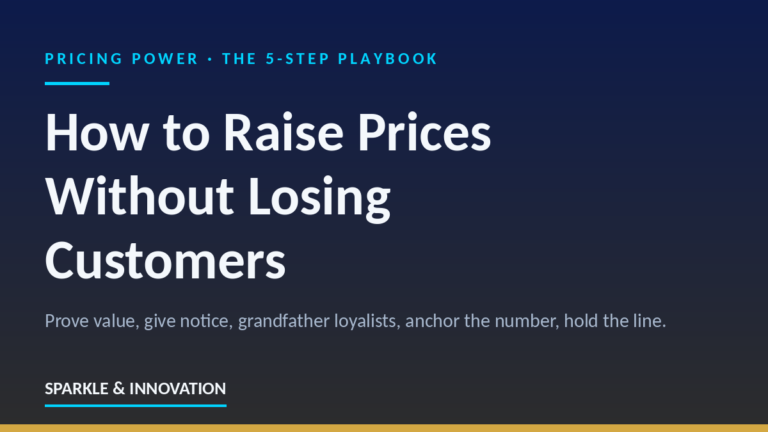 Navy hero image: How to Raise Prices Without Losing Customers - the 5-step playbook by Sparkle and Innovation