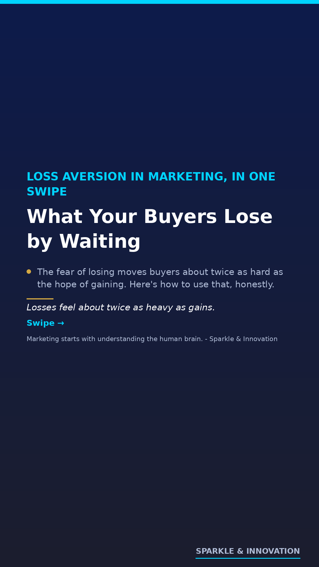Navy and cyan infographic explaining loss aversion in marketing: losses weigh about twice as much as gains, with a before-and-after headline reframe.