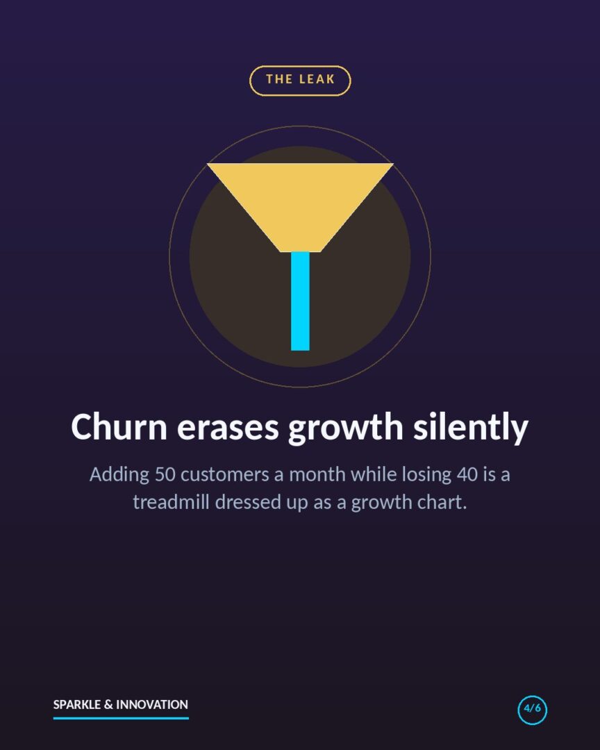 Funnel graphic: churn erases growth silently when 50 customers arrive and 40 leave each month