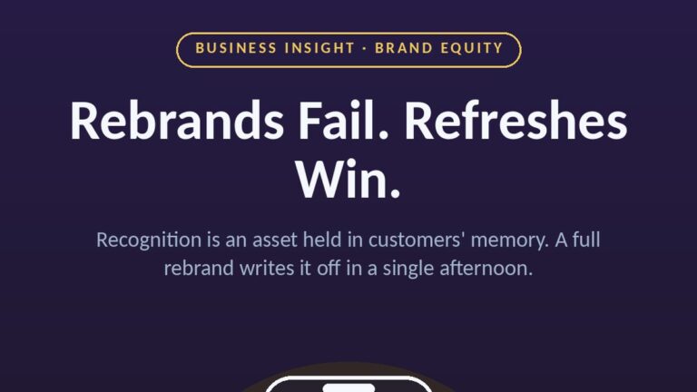 Rebrand vs brand refresh: infographic cover reading 'Rebrands Fail. Refreshes Win.' with a phone feed where one familiar brand card stands out