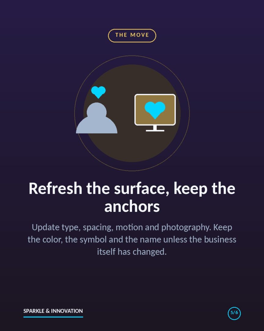 Infographic slide: refresh the surface and keep the anchors, listing what to update and what to keep in a brand refresh