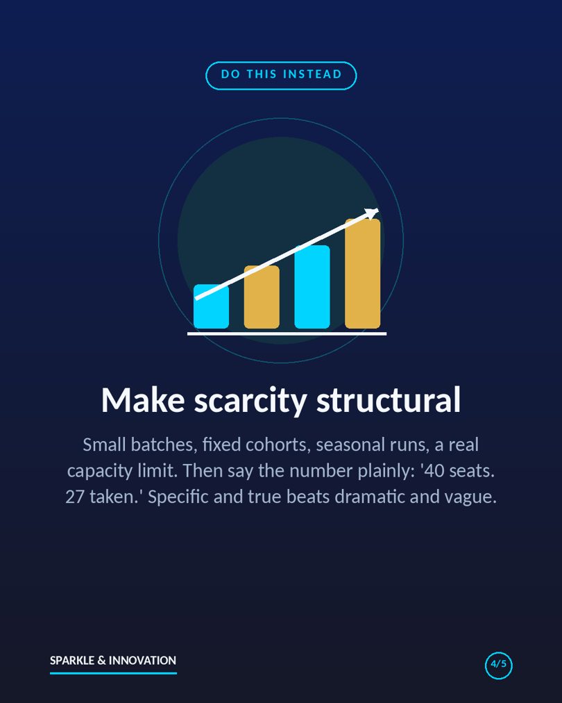 Infographic slide: make scarcity structural - small batches, fixed cohorts, real capacity limits, stated as a plain number